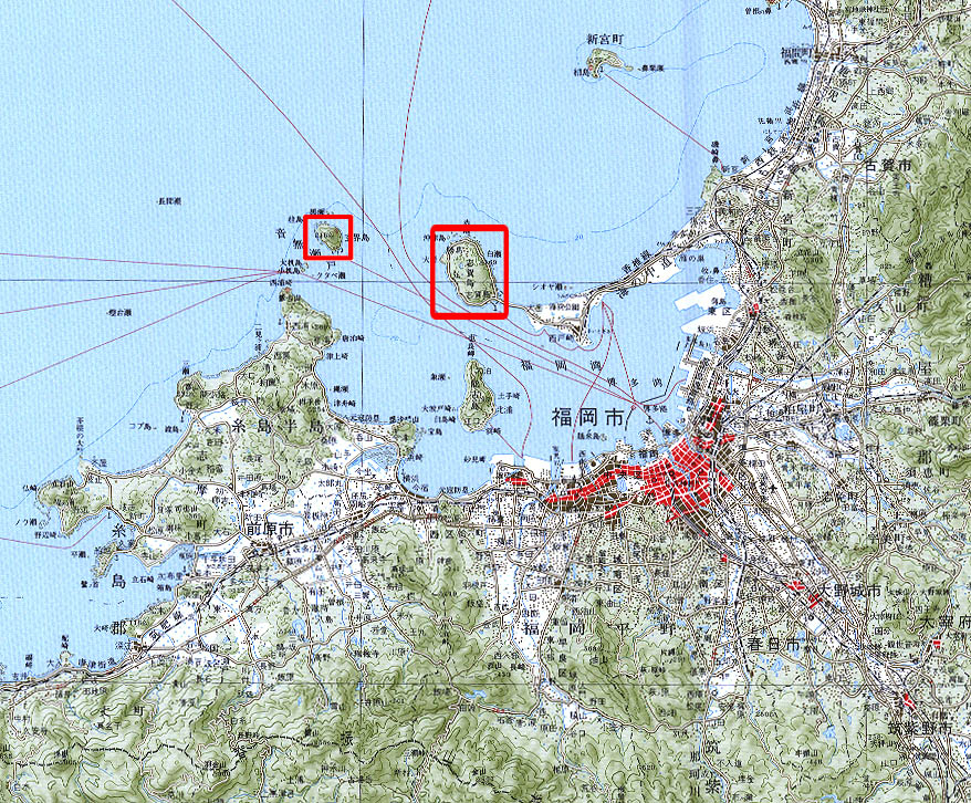 玄界島と志賀島の位置関係がわかる地図