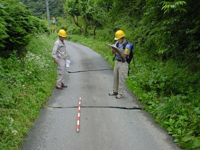 道路にみられる亀裂写真