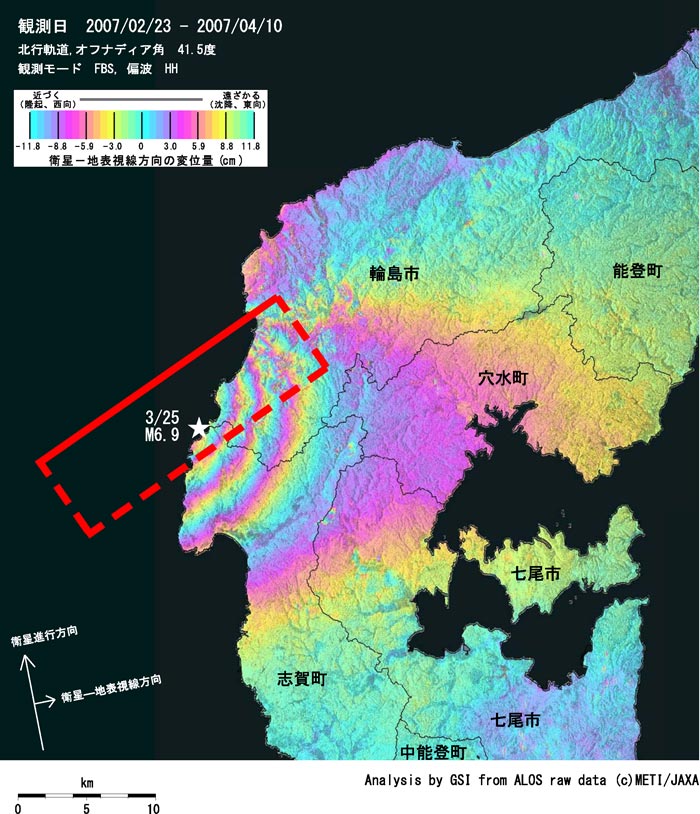 「だいち」によるＳＡＲ解析画像と断層の位置