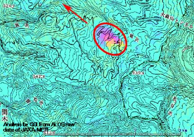 秋田県東成瀬地区における狼沢地すべりのＳＡＲ干渉画像の図