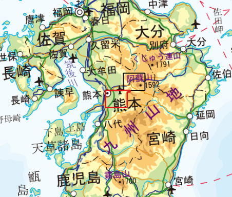 ２万５千分１活断層図「熊本」位置図と九州地域整備範囲へのリンク