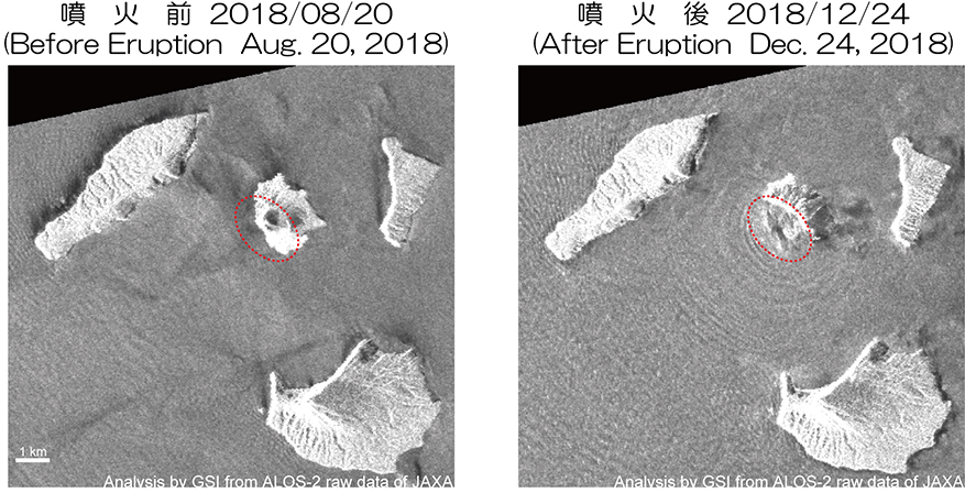 噴火前後のSAR強度画像の比較